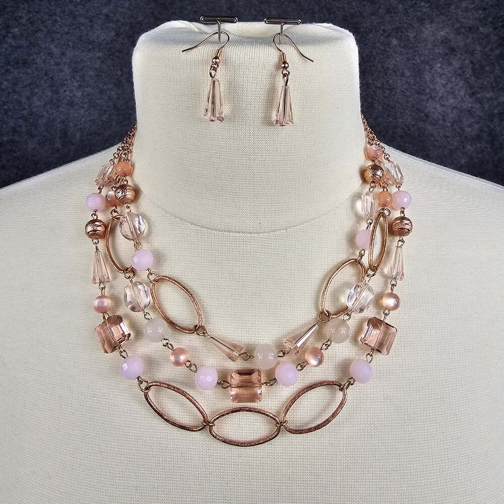 Rose Gold Oval Link Necklace Layered Bib + Earrings Set Pink Charming Charlie